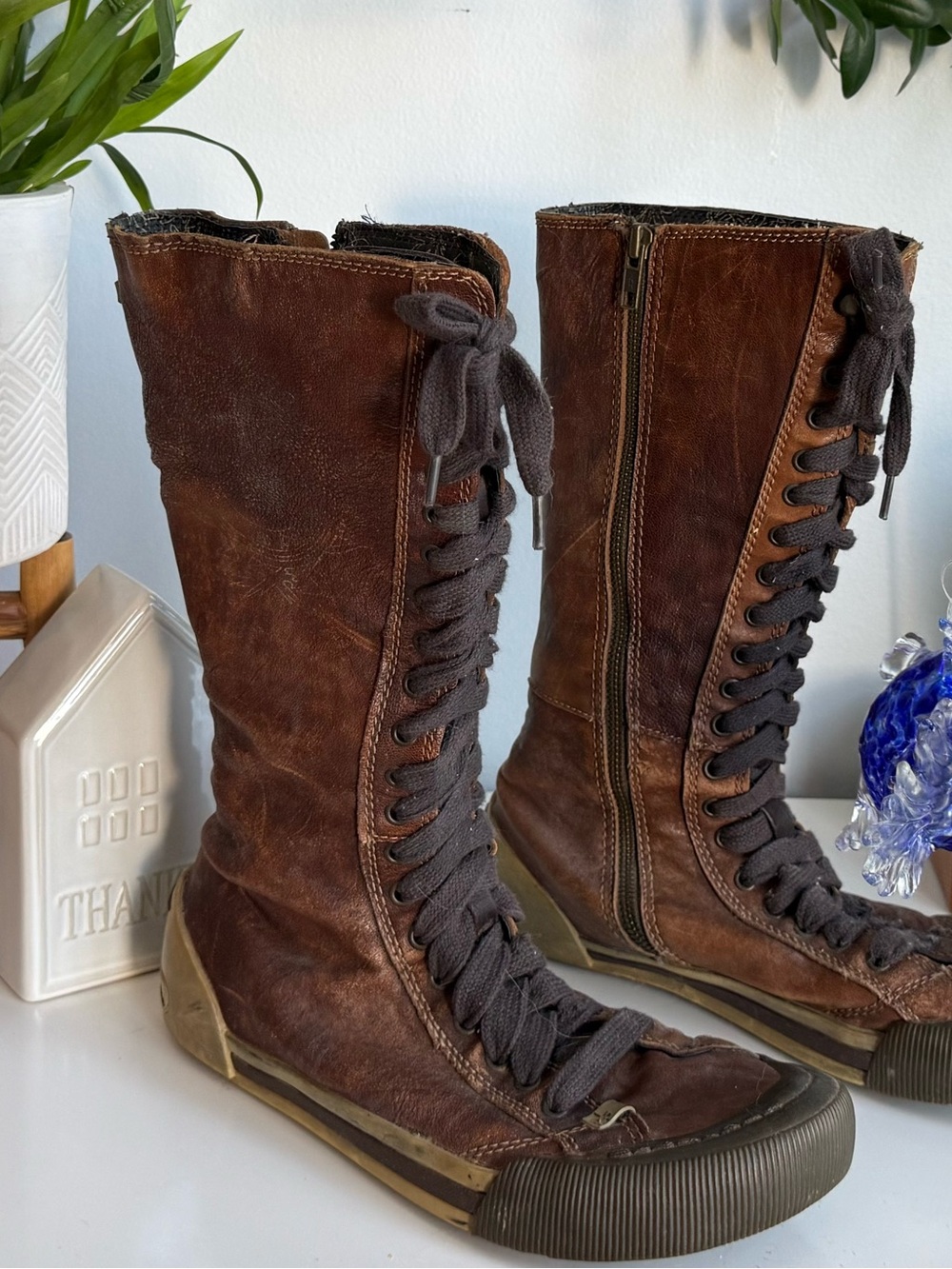 Jump Brown Lace-Up Knee-High Boots with Side Zipper
